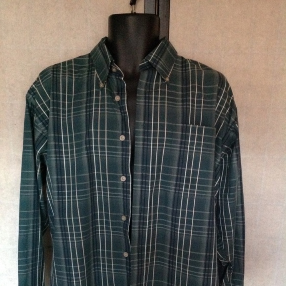 Haggar Forever Men Green Plaid Striped Shirt